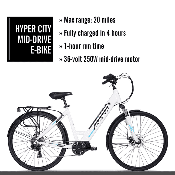 Hyper Bicycles 36V 700C Commuter Electric Bike for Adults, Pedal-Assist, 250W Mid-Drive E-Bike Motor, Matte White