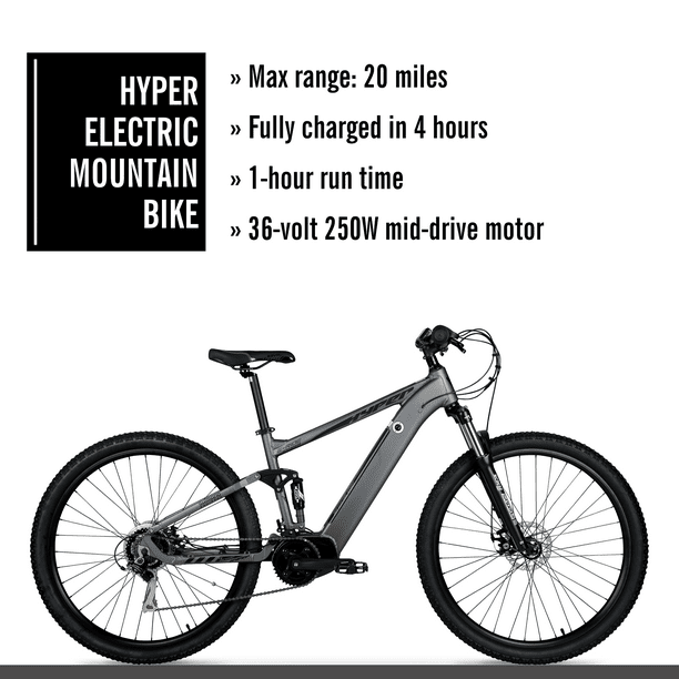 Hyper Bicycles E-Ride 29" 36V Electric Mountain Bike for Adults, Pedal-Assist, 250W Mid-Drive E-Bike Motor, Grey